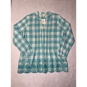 Tog Shop Plaid Tunic Shirt Embroidered Hem Women's‎ L Teal White